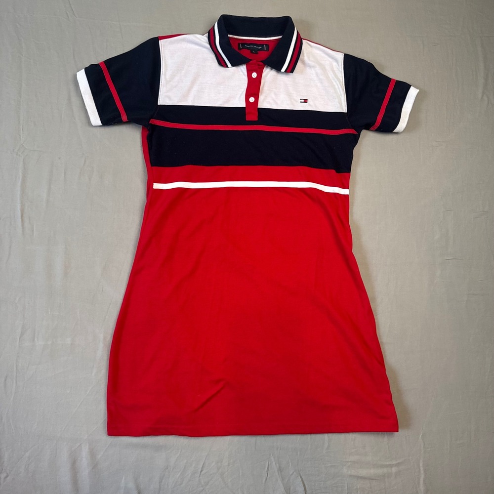 Tommy Hilfiger Womens Red Colorblock Striped Pique Polo Mini Dress Large